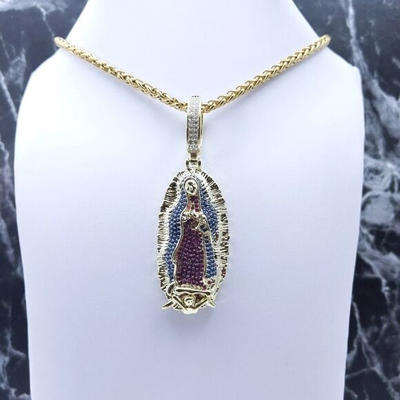 24"Franco Chain + 14K Gold Finish Holy Mary - Picture 9 of 12